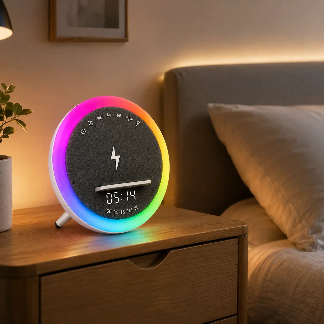 Parlante BT A912 Cargador Inalámbrico 15W, Luz RGB y Reloj Despertador (S) - VillaNiza Store