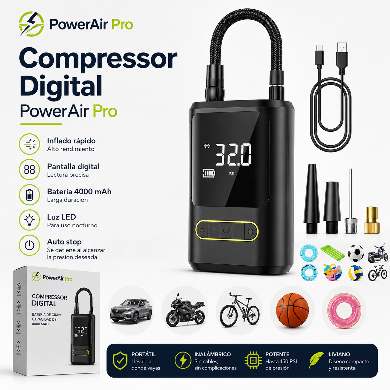 🔥 Compresor Digital PowerAir Pro | Inflado Rápido y Preciso 🚗⚡