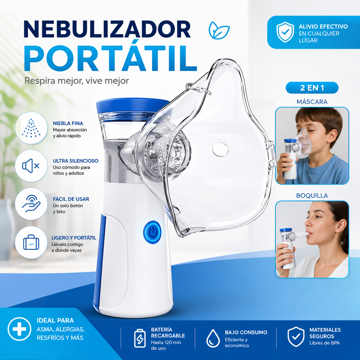 Nebulizador Portatil - JSL-W302 - inalámbrico Silencioso USB - Color blanco