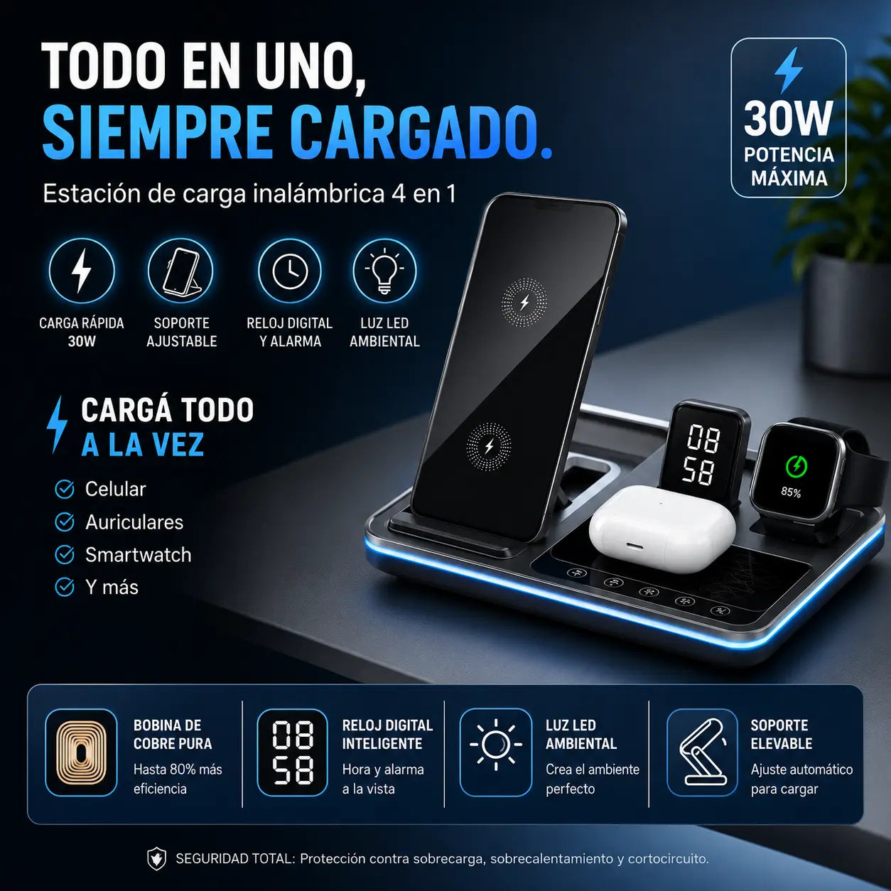 Base de Carga Inalámbrica 4 en 1 Cargador para Celular, Apple Watch y Auriculares (S) VillaNiza Store