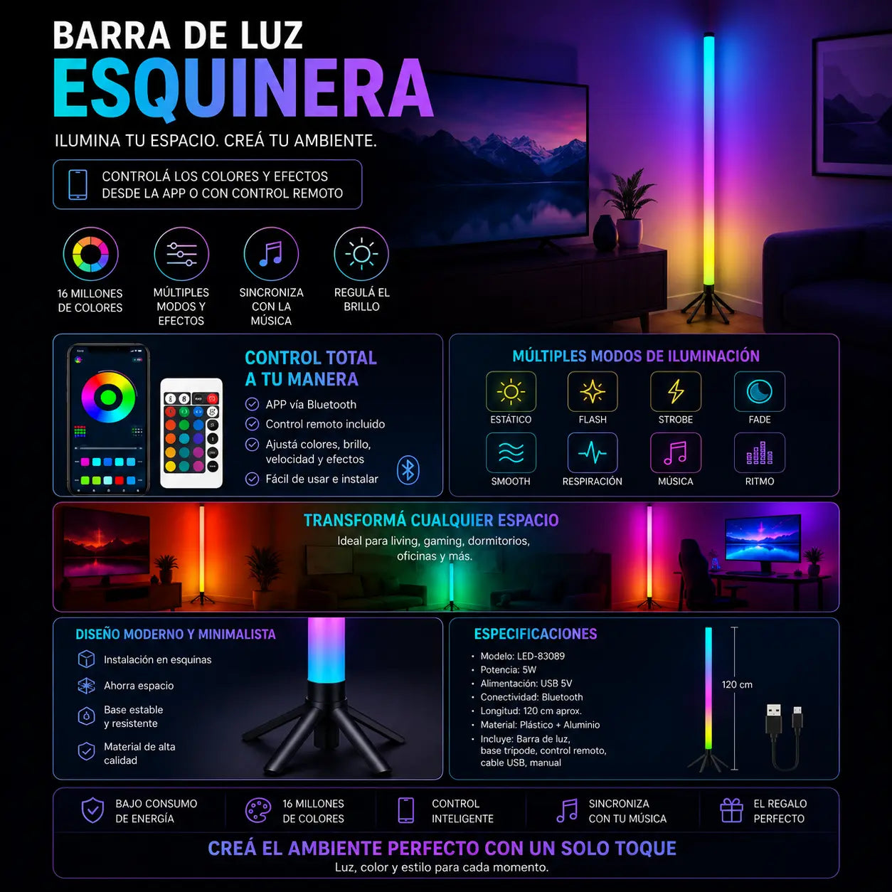 Luz LED Esquinera RGB 110cm con Control, App y Sensor Audiorítmico (S)