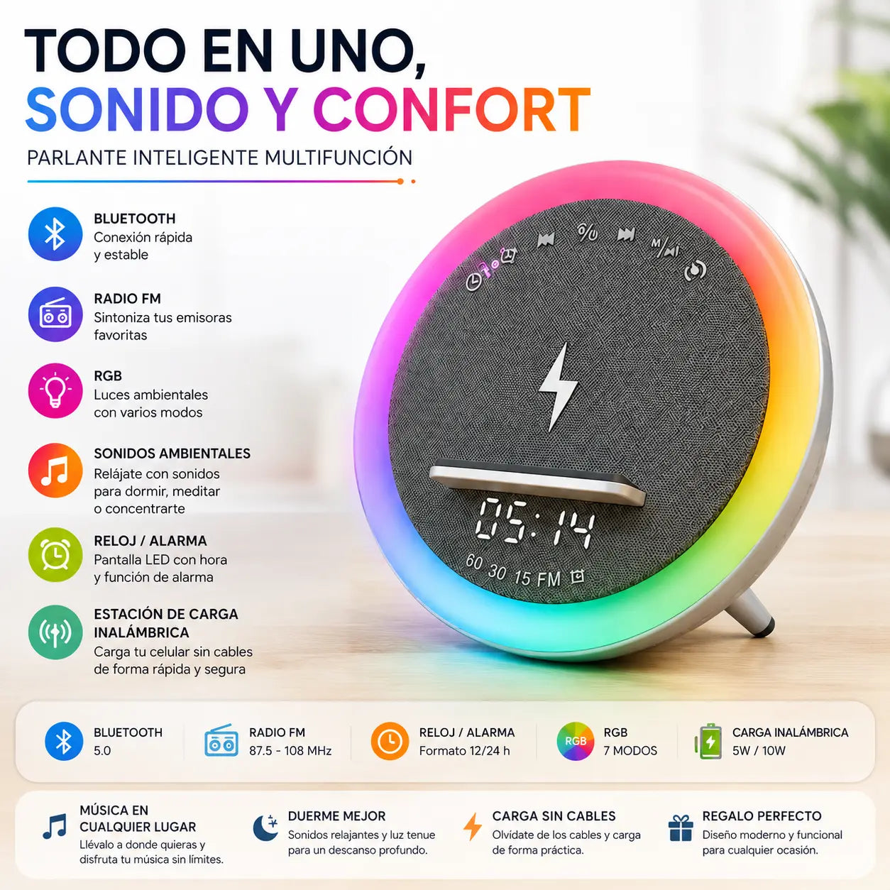 Parlante BT A912 Cargador Inalámbrico 15W, Luz RGB y Reloj Despertador (S) - VillaNiza Store