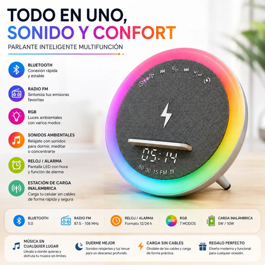 Parlante BT A912 Cargador Inalámbrico 15W, Luz RGB y Reloj Despertador (S) - VillaNiza Store