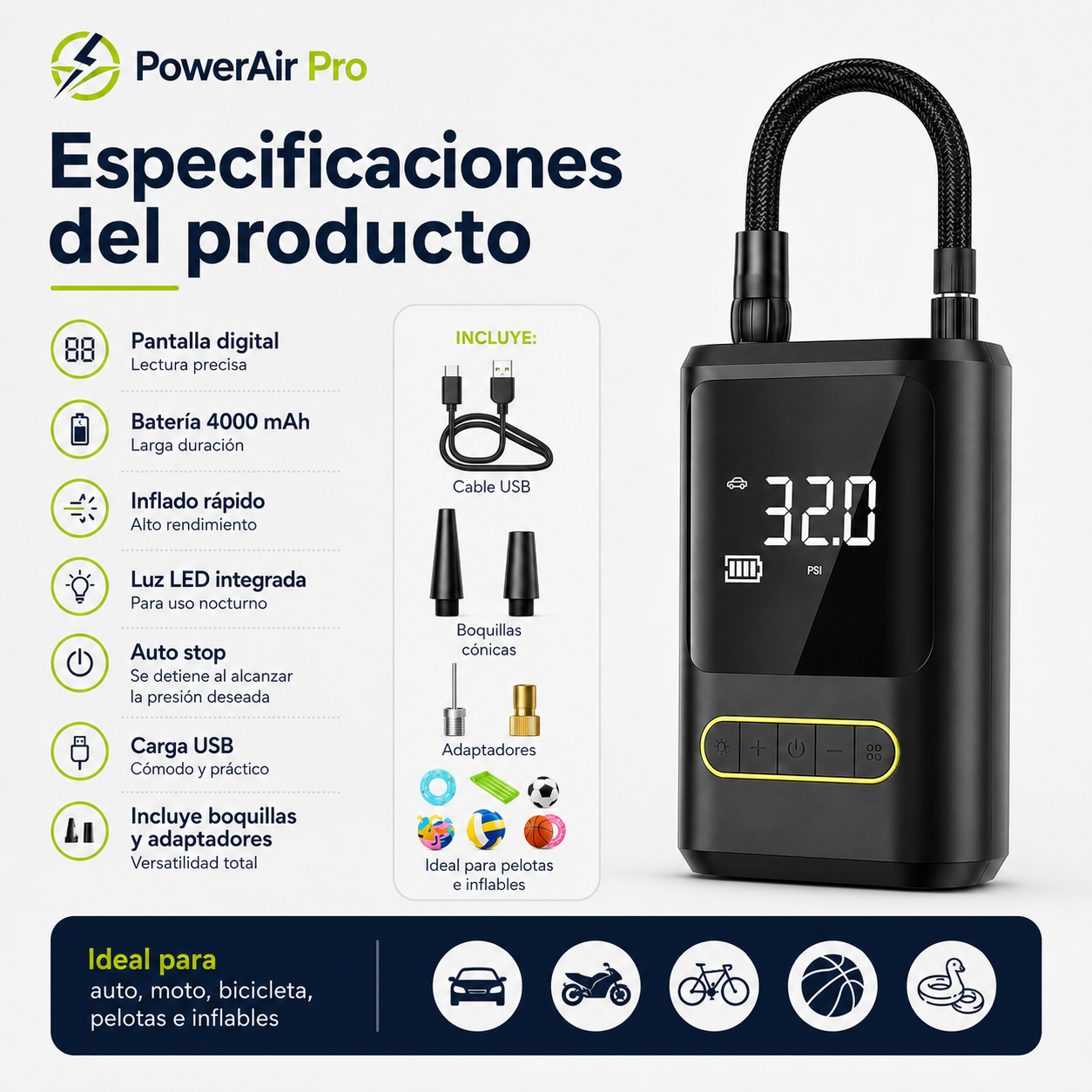 🔥 Compresor Digital PowerAir Pro | Inflado Rápido y Preciso 🚗⚡